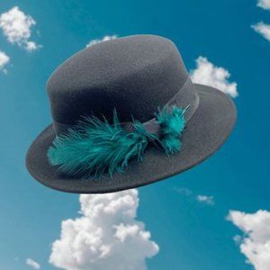 Black Wool Bowler with Teal Feather Detail OS